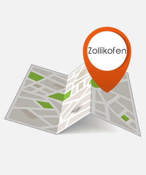 Illustration einer gefalteten Karte mit grünen Flächen und einer großen orangefarbenen Anstecknadel mit der Aufschrift Zollikofen obenauf. Der Hintergrund ist einfarbig weiß. Bewerten Sie uns und entdecken Sie mehr über diese Region!.