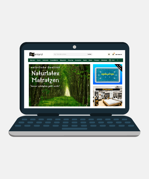 Illustration eines Laptops, der eine Website mit einem grünen Waldbild, dem deutschen Text "Naturlatex Matratzen", verschiedenen Produktbildern, Navigationsmenüs und der Aufforderung "Bewerten Sie uns" anzeigt.