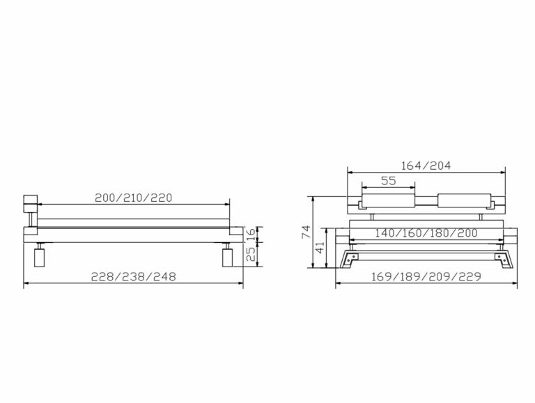 Technische Zeichnung einer Bank mit beschrifteten Abmessungen in Millimetern. Vorder- und Seitenansicht zeigen die verstellbaren Maße: Breiten von 200/210/220 und 228/238/248, Höhen von 74 und 251,6 sowie weitere detaillierte Angaben.