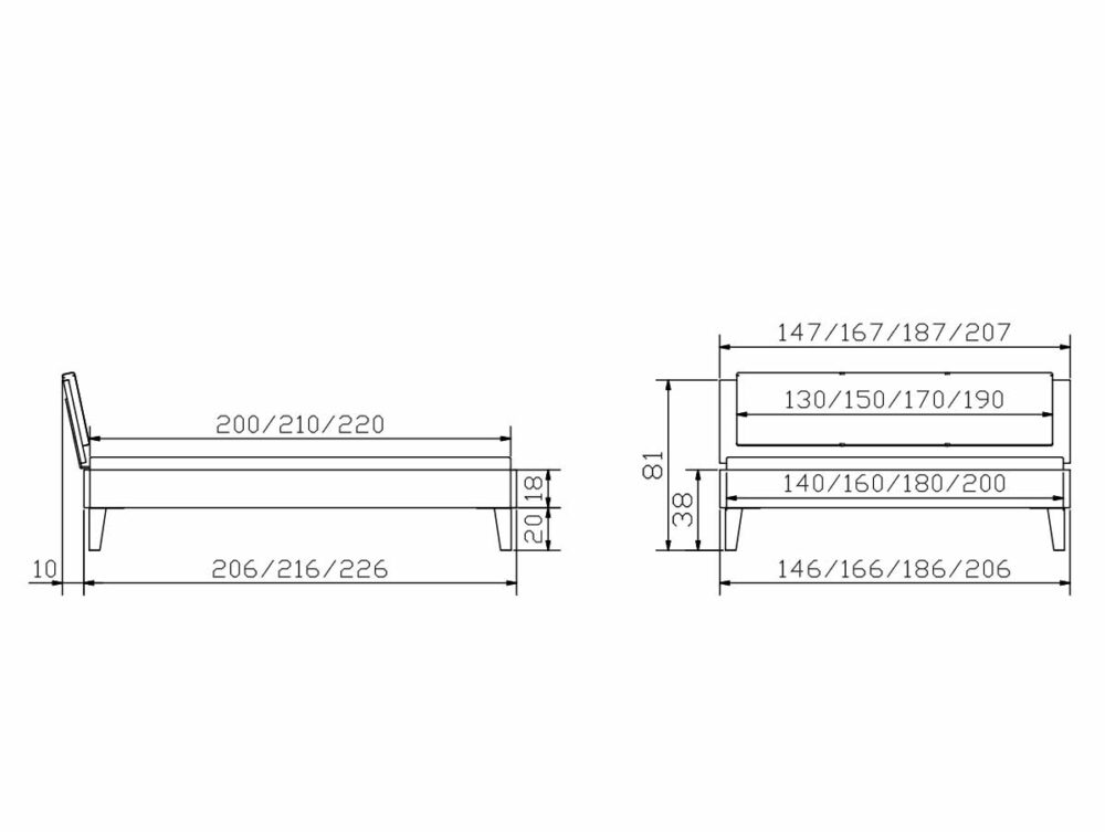 Technische Zeichnung eines Bettes mit Vorder- und Seitenansicht, die die Abmessungen in Zentimetern für Breite, Länge und Höhe sowie die Maße von Matratze und Rahmen zeigt. Es sind mehrere Größenoptionen angegeben.