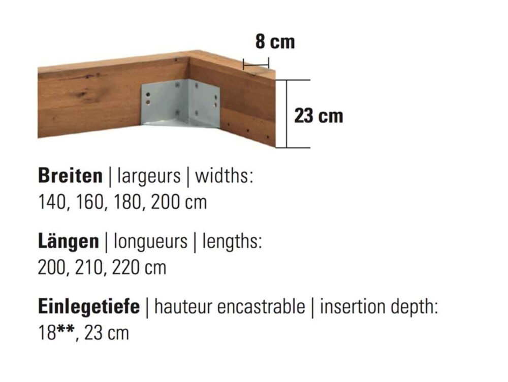 Hasena Bett Rahmen Oak-Wild Pilatus Grösse Masse Dimension