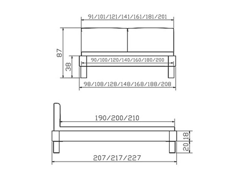 Technische Zeichnung eines Sofas mit Abmessungen. Vorder- und Seitenansicht zeigen verschiedene Breiten (90-201 cm) und Tiefen (98-208 cm), mit einer Gesamthöhe von 87 cm, einer Sitzhöhe von 38 cm, einer Sitztiefe von 58 cm und einer Länge von 190-227 cm.