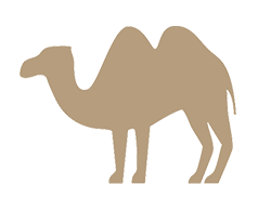 Die schlichte, hellbraune Silhouette eines Kamels mit zwei Höckern auf hellem Grund spiegelt die sanfte Unterstützung durch die Robusta Latexmatratze "Niesen" wider.