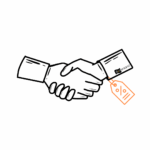 Eine Schwarz-Weiß-Zeichnung zweier Hände, die sich schütteln, mit einem Preisschild, auf dem ein orangefarbenes Prozentsymbol mit der Aufschrift Retentionad zu sehen ist, unterstreicht das Konzept von Best Preis Garantie.