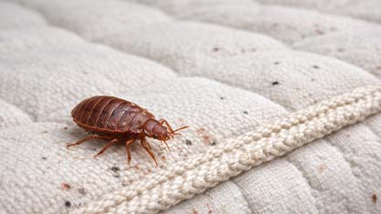 Eine Nahaufnahme einer braunen Bettwanze, die auf einer hellen Matratze mit sichtbaren dunklen Flecken und strukturiertem Stoff krabbelt.