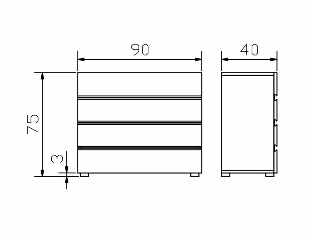 Technische Zeichnung einer rechteckigen Kommode mit drei Schubladen, die Vorder- und Seitenansichten zeigt. Die Maße sind mit 90 cm Breite, 75 cm Höhe, 40 cm Tiefe und 3 cm Sockelhöhe angegeben.