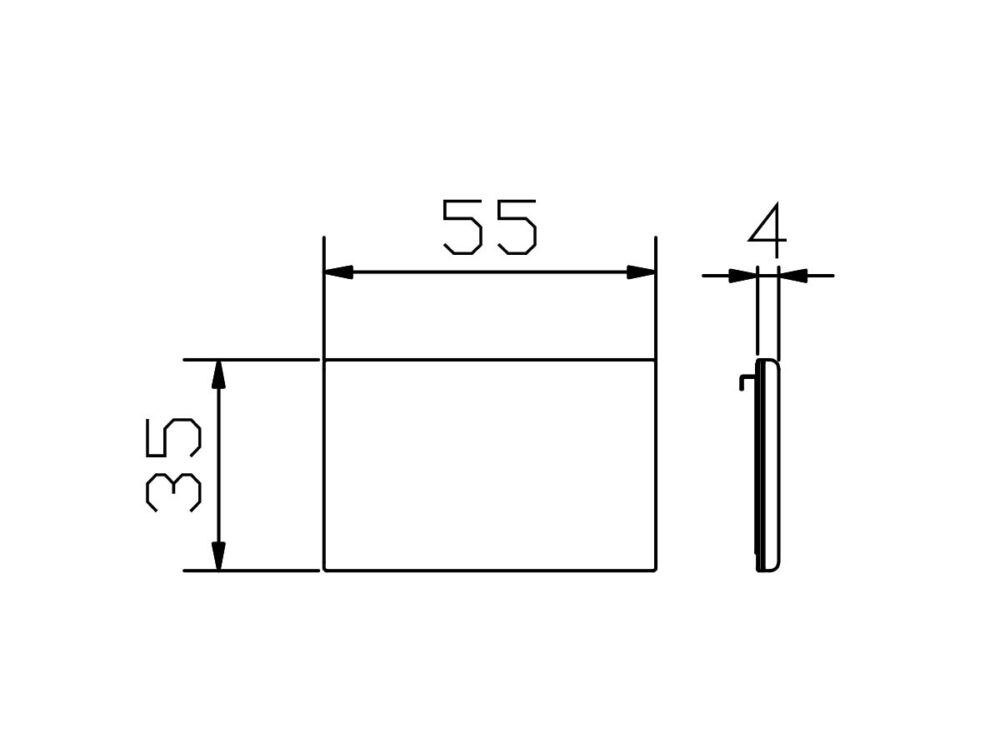 Technische Zeichnung einer rechteckigen Platte mit den Abmessungen: 55 mm breit, 35 mm hoch und 4 mm dick. Die Zeichnung enthält Vorder- und Seitenansichten mit Maßlinien und Abmessungen.