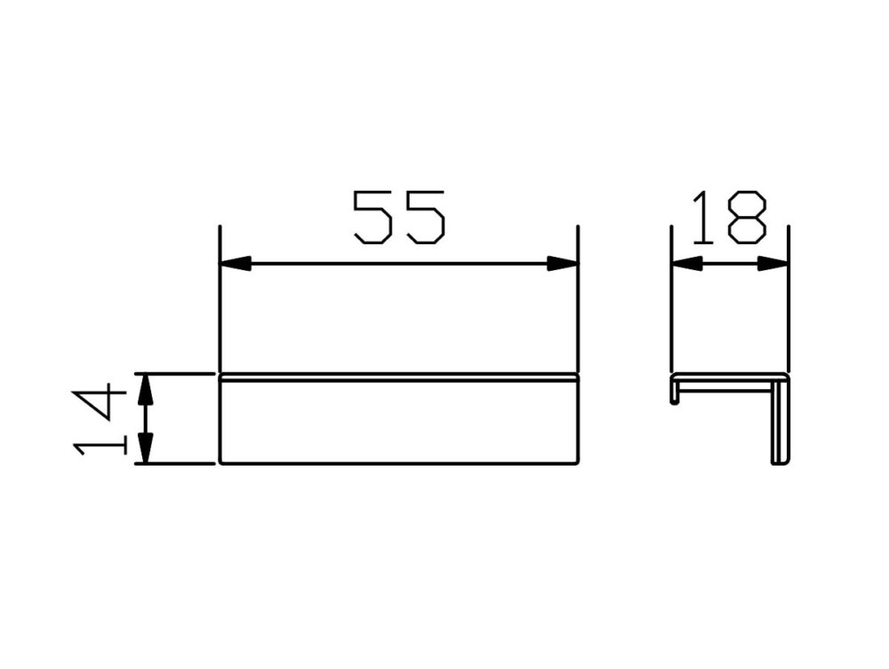 Technische Zeichnung eines L-förmigen Metallprofils für Hasena Kopfteilkissen "Nakio" mit Abmessungen: 55 mm Breite, 14 mm Höhe, 18 mm kürzere Seite; zeigt Vorder- und Seitenansicht mit Messlinien.