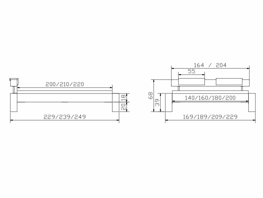 Die technische Zeichnung des Hasena Bettes "Oak-Wild Bormio 3" zeigt rechteckige Front- und Seitenansichten mit detaillierten Millimetermaßen, darunter die Längen 229/239/249 cm und die Breiten 140/160/180/200 cm, sowie beschriftete Höhen.