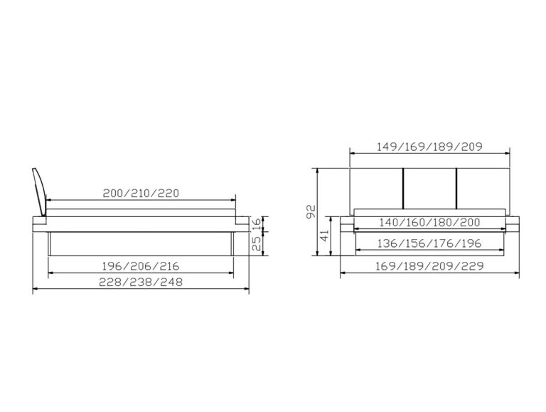 Die technische Zeichnung der Hasena Bett "Factory-Line Bloc Practico-Box" zeigt Seiten- und Vorderansichten mit beschrifteten Maßen: Längen 200/210/220 cm, Breiten 140/160/180/200 cm und detaillierte Höhenangaben in Zentimetern.