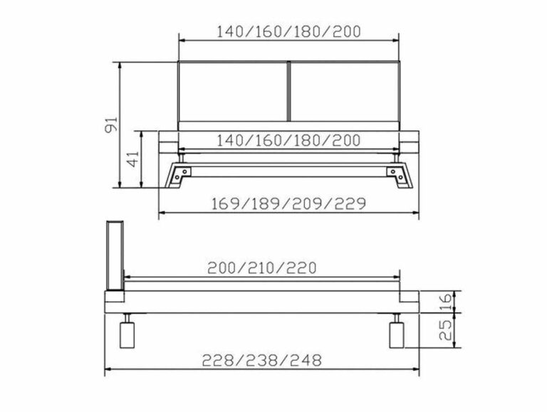Technische Zeichnung des Hasena Bettes "Factory-Line Bloc Stabil 1" mit Front- und Seitenansicht, beschriftet in cm. Bettbreiten: 140-200 cm, Bettlängen: 200-220 cm, Gesamtlänge: 228-248 cm.