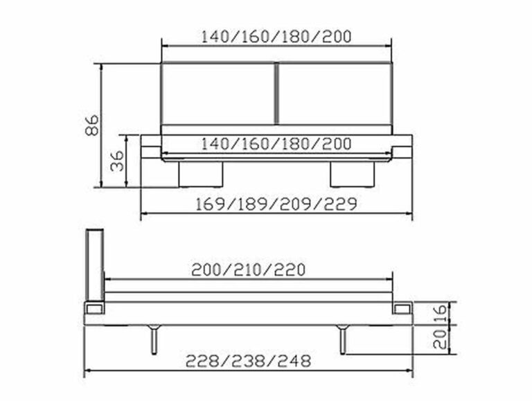 Technische Zeichnung des Hasena Bettes "Factory-Line Bloc Vilo", mit Vorder- und Seitenansicht, mit deutlicher Angabe aller Gesamtmaße in Zentimetern: Breiten 140/160/180/200; Längen 200/210/220; und Höhenangaben.