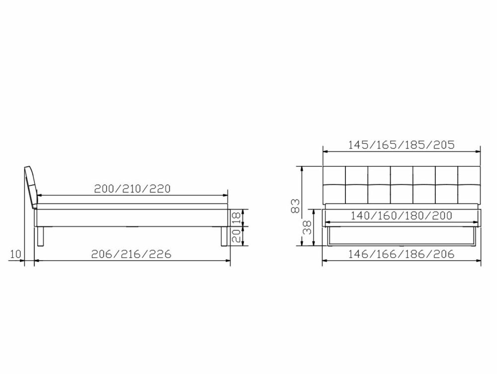 Technische Zeichnung des Hasena Bettes "Factory-Line Loft Indus" mit Seiten- und Vorderansicht, mit Angaben zu Länge, Breite und Höhe in Zentimetern für Matratze und Bettrahmen.