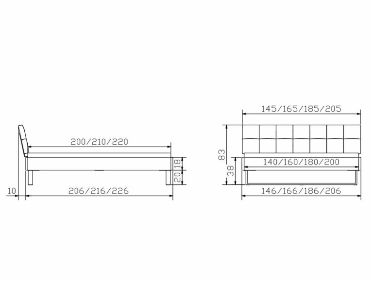 Technische Zeichnung des Hasena Bettes "Factory-Line Loft Indus" mit Seiten- und Vorderansicht, mit Angaben zu Länge, Breite und Höhe in Zentimetern für Matratze und Bettrahmen.