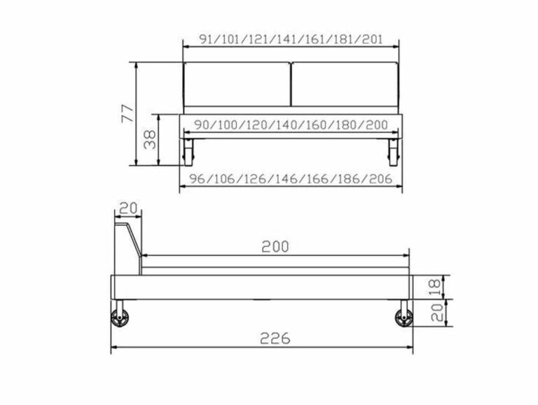 Technische Zeichnung des Hasena Bett "Factory-Line Loft Road" Bettes auf Rädern, mit Front- und Seitenansicht und Beschriftung in Höhe, Breite und Länge in Zentimetern. Die Hauptabmessungen sind verstellbar.