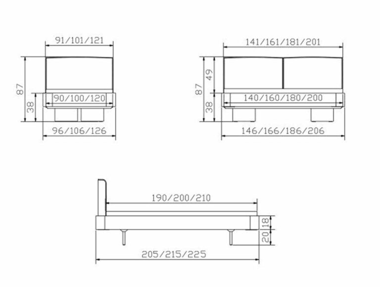 Strichzeichnung des Hasena Bettes "Fine-Line Syma Airo 1" mit Front-, Seiten- und Draufsicht mit Angabe der Maße für Breite (90-225 cm), Länge und Höhe über verschiedene Teile des Bettes.