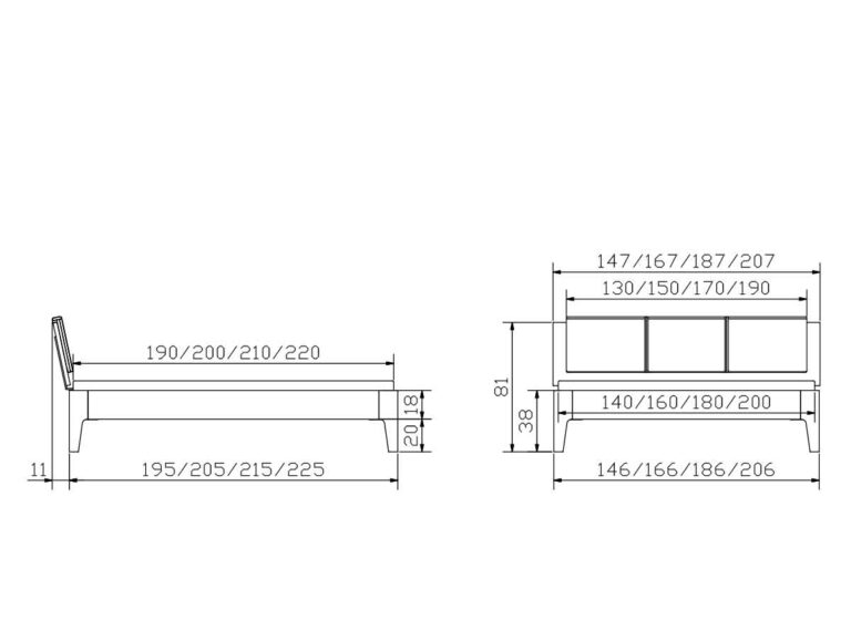 Technische Zeichnung eines Bettes mit Seiten- und Vorderansichten, die die Maße in Zentimetern für Breite, Länge, Höhe und Abstände angeben. Die Seitenansicht ist mit Höhen- und Längenangaben versehen, die Vorderansicht zeigt verschiedene Breitenmaße.