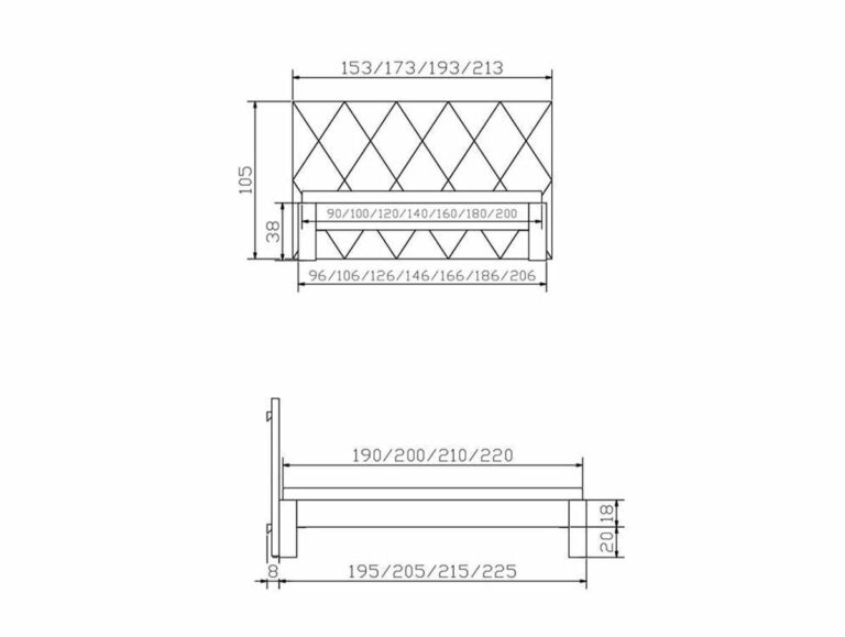 Technische Strichzeichnung der Hasena Bett "Fine-Line Syma Ronda 3" Polsterbank, mit rautenförmiger Polsterung, Vorder- und Seitenansicht und detaillierten, in Zentimetern beschrifteten Maßen.