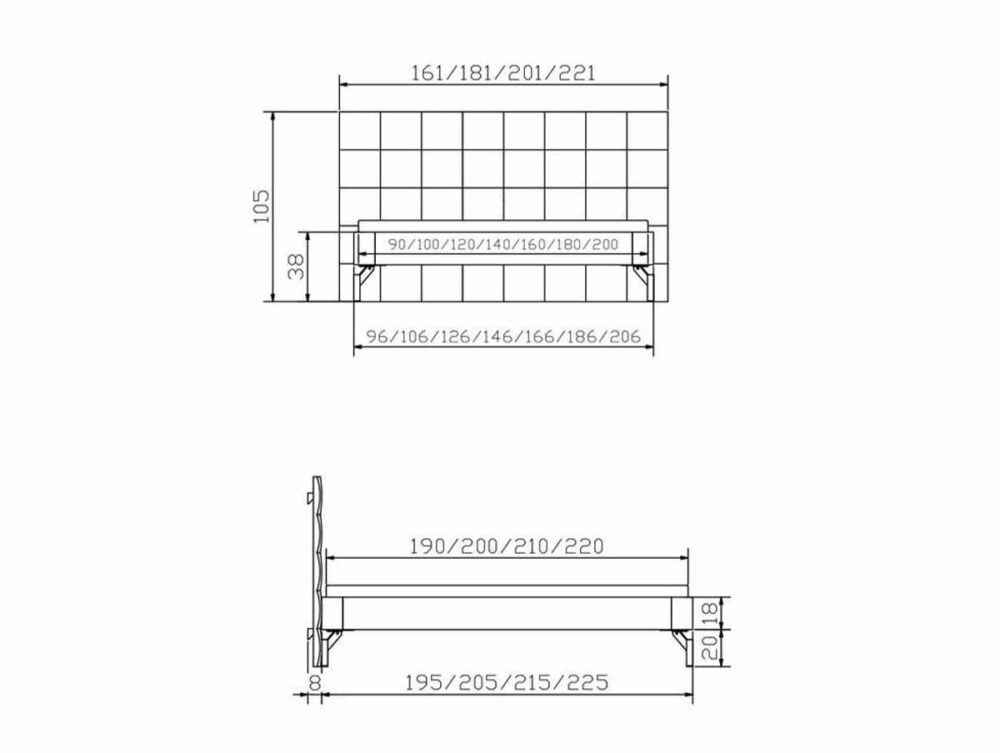 Technische Zeichnung der Rechteckbank "Fine-Line Syma Tondito" von Hasena Bett, mit Vorder- und Seitenansicht und Beschriftung von Breite, Höhe und Tiefe in Zentimetern auf einem gerasterten Hintergrund.