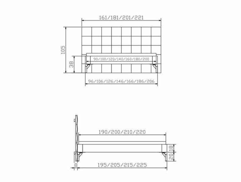 Technische Zeichnung der Rechteckbank "Fine-Line Syma Tondito" von Hasena Bett, mit Vorder- und Seitenansicht und Beschriftung von Breite, Höhe und Tiefe in Zentimetern auf einem gerasterten Hintergrund.