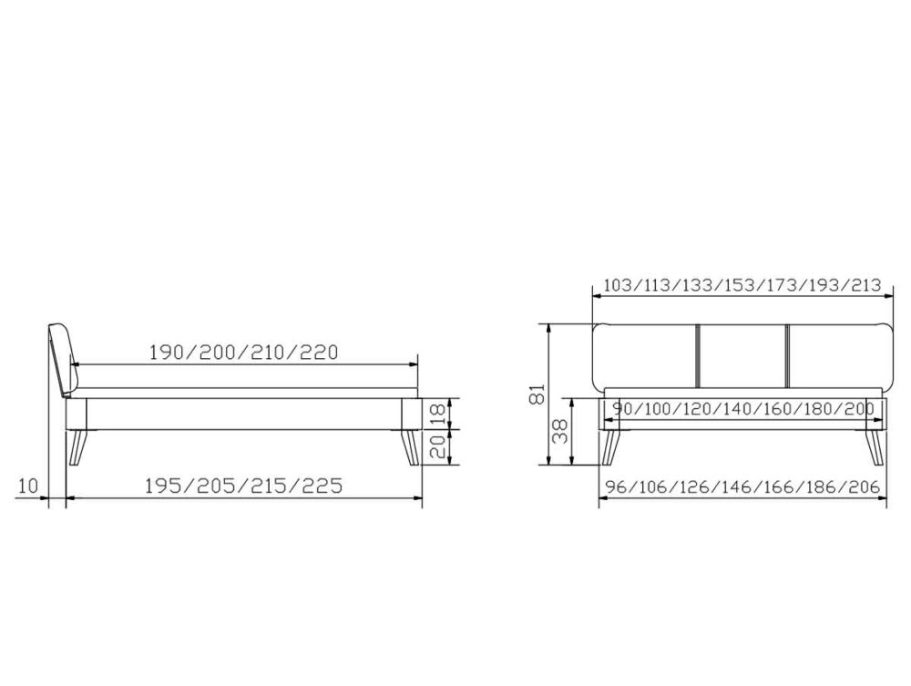 Technische Strichzeichnung eines Bettes oder Sofas mit Abmessungen in Zentimetern, mit Vorder- und Seitenansichten. Längen und Höhen sind beschriftet, mit Messbereichen für verschiedene Teile des Möbels.