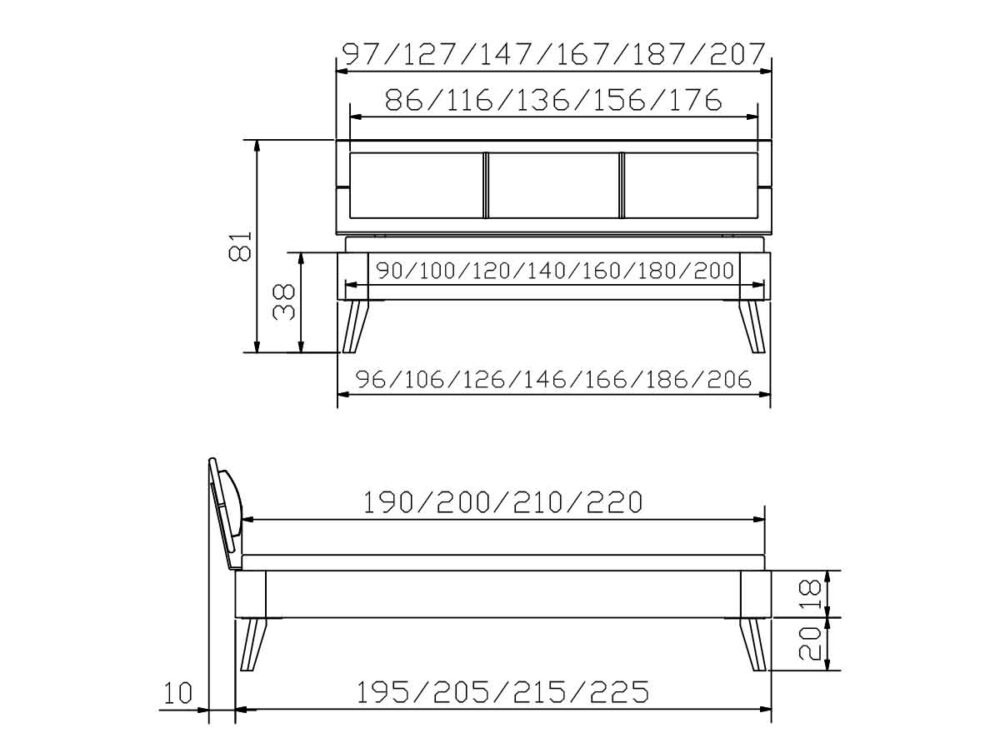 Technische Zeichnung des Hasena Bettes "Fine-Line Syma Masito 1" in Zentimetern, mit Vorder- und Seitenansicht und beschrifteten Breiten-, Längen-, Höhen-, Kopfteil- und Beinmaßen.