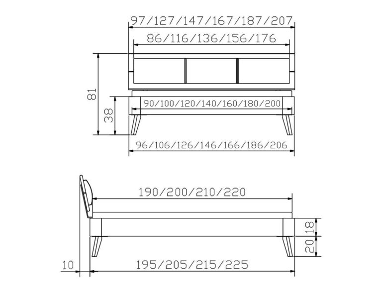 Technische Zeichnung des Hasena Bettes "Fine-Line Syma Masito 1" in Zentimetern, mit Vorder- und Seitenansicht und beschrifteten Breiten-, Längen-, Höhen-, Kopfteil- und Beinmaßen.
