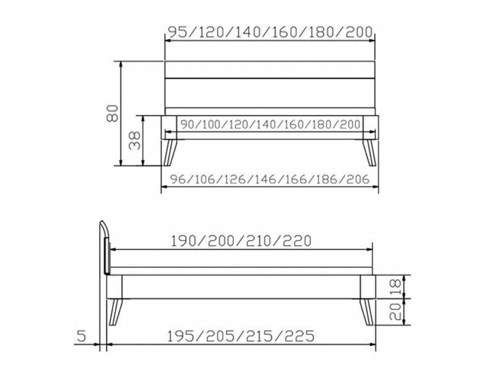 Technische Zeichnung des Hasena Bett "Fine-Line Syma Masito 2" mit Vorder- und Seitenansicht und beschrifteten Maßen: Breite 90-200 cm, Länge 195-225 cm, Höhe 80 cm, Beinhöhe 20/18 cm. Alle Maße sind mit Pfeilen gekennzeichnet.