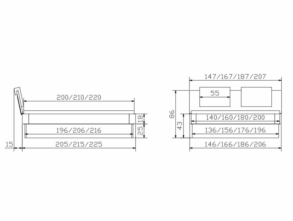 Technische Zeichnung des Hasena Bettes "Fine-Line Syma Practico-Ron Box 2" mit Seiten- und Vorderansicht und detaillierten Zentimetermaßen für Längen (200/210/220), Breiten, sowie Matratzen- und Rahmenhöhen.