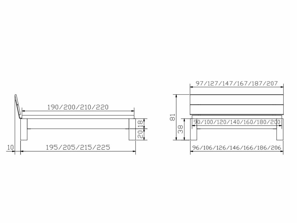 Technische Zeichnung des Hasena Bett "Fine-Line Syma Ronda 2" Bettrahmens mit beschrifteter Länge, Breite und Höhe in Zentimetern, mit Vorder- und Seitenansicht. Mehrere Größenoptionen sind mit Maßlinien angegeben.