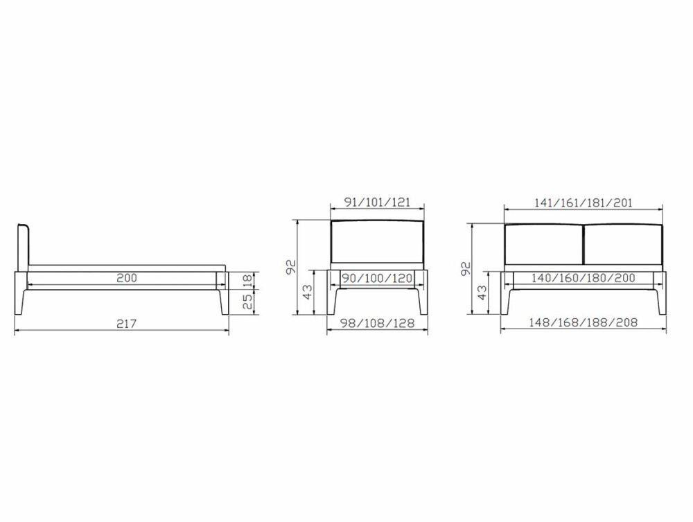 Schwarz-weiße technische Zeichnung des Hasena Funktions- und Komfortbettes "Cemiano" mit Front-, Seiten- und Draufsicht, mit detaillierten Maßen in Zentimetern: Länge 217 cm, Höhe 92 cm, plus Breite zur genauen Orientierung.