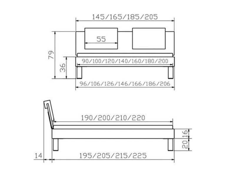 Technische Zeichnung des Hasena Bettes "Movie-Line Star Caro 2" mit Vorder- und Seitenansicht, mit Längenmaßen (145-225 cm), Höhe (79 cm), Sitzhöhe (36 cm) und Kissenbreite (55 cm); alle Maße mit Pfeilen markiert.