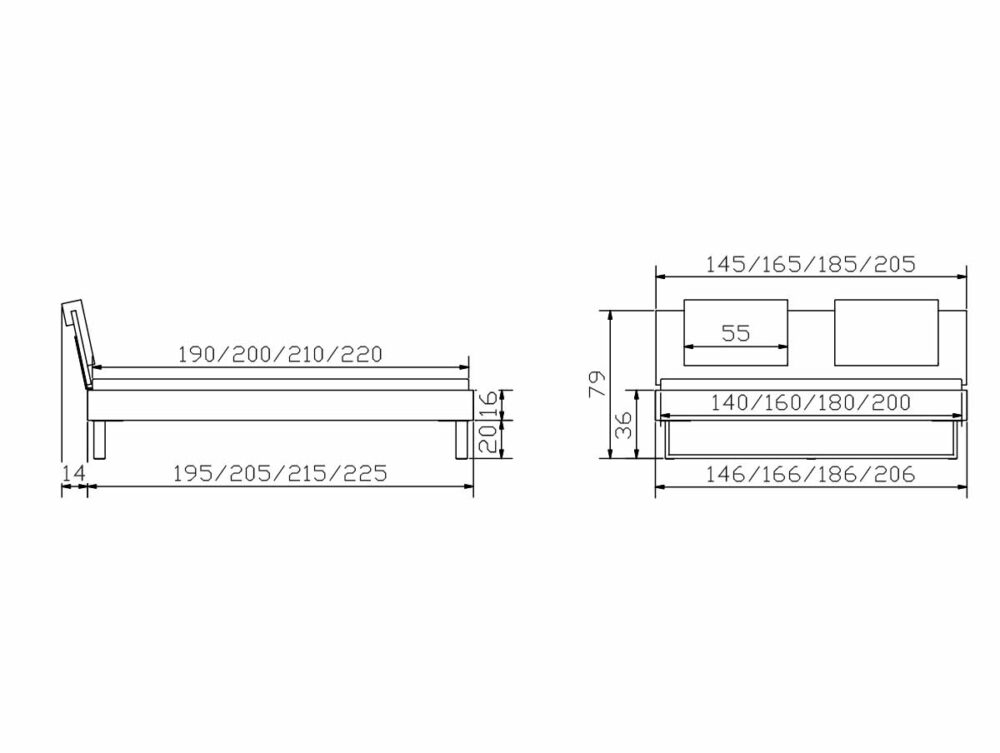 Technische Zeichnung des Hasena Bettes "Movie-Line Star Indus" mit Seiten- und Vorderansicht mit Bettlängen (190-220 cm), Breiten (140-200 cm) und Rahmen-, Rücken- und Matratzenhöhen in Zentimetern.