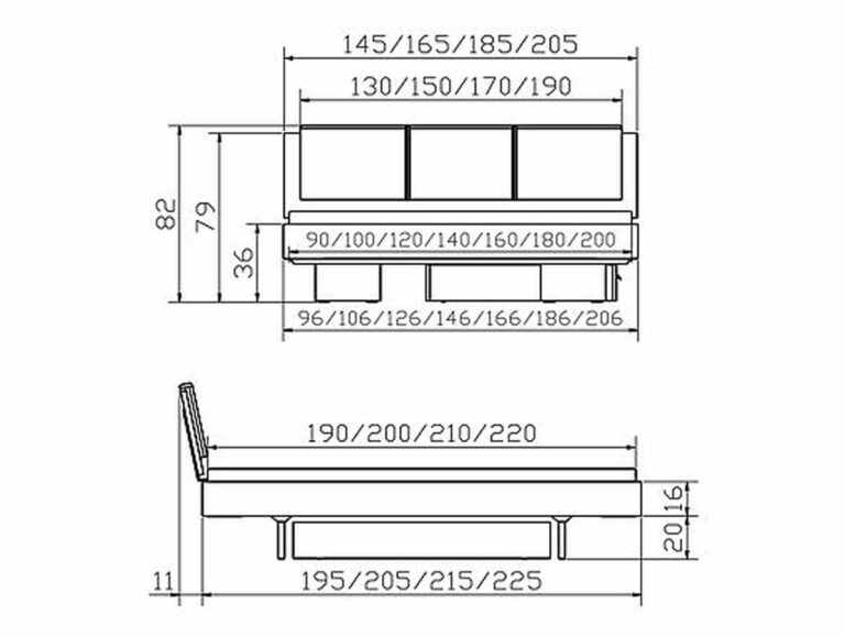 Technische Zeichnung des Schlafsofas "Movie-Line Star Vilo" von Hasena Bett mit beschrifteten Maßen in Zentimetern in Vorder- und Seitenansicht, einschließlich Sitzhöhe, Rückenlehnenhöhe, Länge, Breite und Freiraum unter dem Sofa.