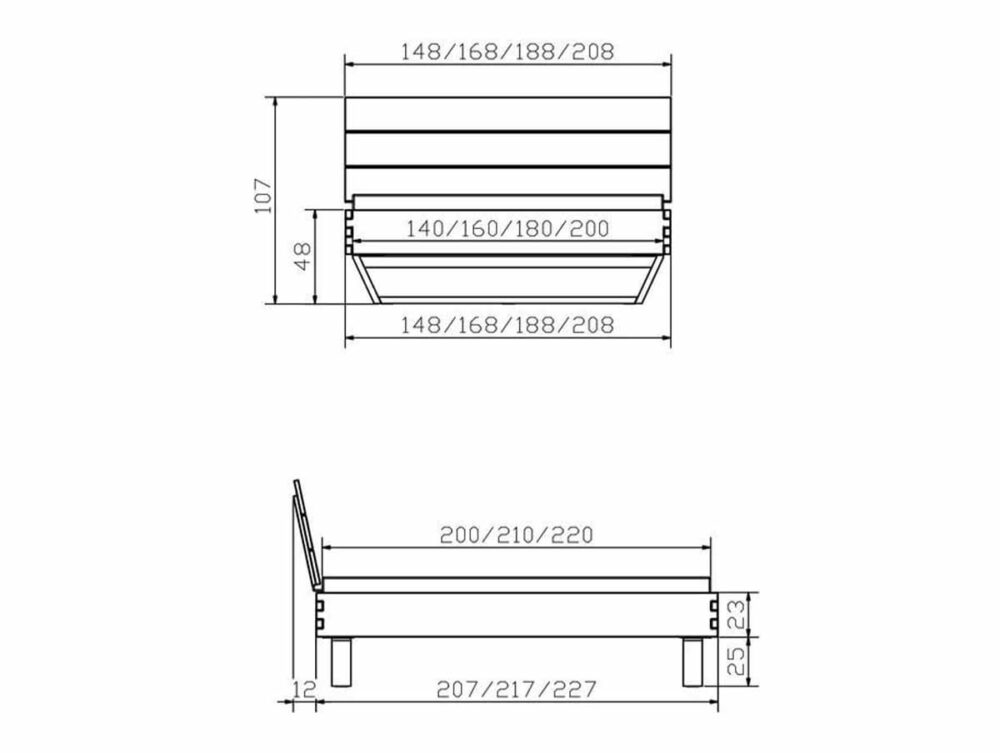 Technische Zeichnung einer Bank auf der Basis des Hasena Bettes "Naturo-Line Connecto 23 Skid 2", mit Drauf-, Vorder- und Seitenansicht und beschrifteten Maßen: Breiten von 140-220 cm und Sitzhöhe von 47 cm.