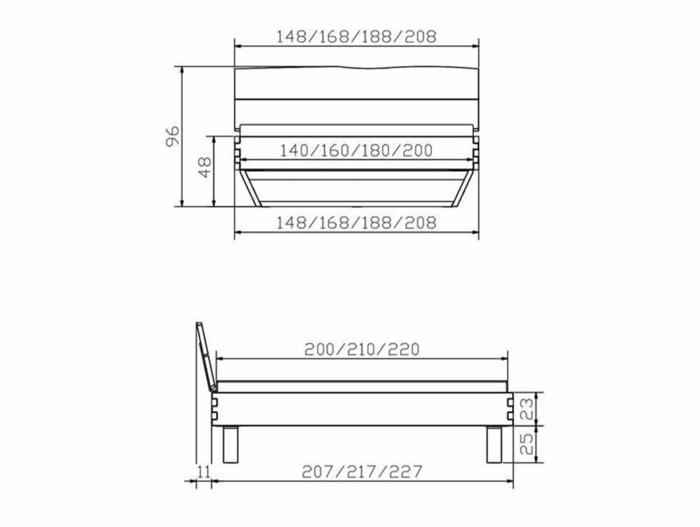 Technische Zeichnung des Hasena Bettes "Naturo-Line Connecto 23 Skid 1" mit beschrifteten Maßen in cm, mit Ansichten von oben und von der Seite; verfügbare Breiten: 148-208 cm, Längen: 200-220 cm, sowie mehrere Höhenmaße.