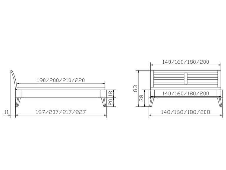 Technische Zeichnung eines Bettrahmens mit Vorder- und Seitenansicht, die die Maße für Länge (190-220 cm) und Breite (140-200 cm) sowie die Höhen von Kopfteil (83 cm), Rahmen (38 cm) und Beinen (11 cm) angibt.