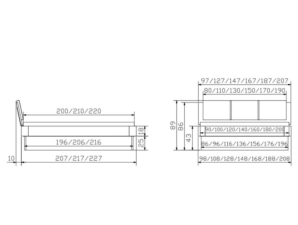 Technische Zeichnung eines Bettrahmens mit Seiten- und Vorderansicht, mit detaillierten Maßangaben in Zentimetern. Die Abmessungen und Höhen der verschiedenen Teile des Rahmens sind mit Pfeilen und Zahlen deutlich gekennzeichnet.