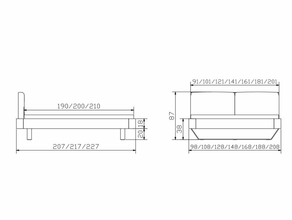 Technische Zeichnung des Hasena Bett "Oak-Line Modul Slitto 1", mit Seiten- und Vorderansicht und den Maßen: Breite 98-208 cm, Länge 207-227 cm, Höhe 38-87 cm (alle Angaben in Zentimetern).