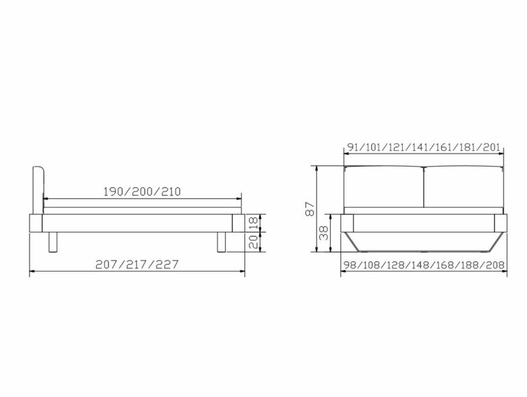 Technische Zeichnung des Hasena Bett "Oak-Line Modul Slitto 1", mit Seiten- und Vorderansicht und den Maßen: Breite 98-208 cm, Länge 207-227 cm, Höhe 38-87 cm (alle Angaben in Zentimetern).