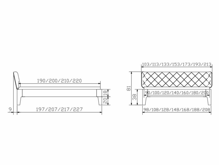 Technische Zeichnung einer Bank mit Abmessungen in Zentimetern. Abgebildet sind die Vorder- und Seitenansicht mit Polstern und den Maßen für Breite, Höhe und Tiefe sowie die Abmessungen von Sitz und Rückenlehne.