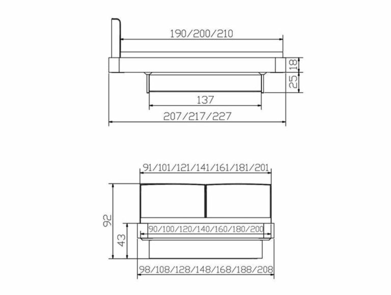 Strichzeichnung des Hasena Bettes "Eiche-Puro Modul Lovie-Ron Box" mit beschrifteten Breiten-, Höhen-, Längen- und Lattenrostmaßen in Zentimetern. Seiten- und Vorderansicht zeigen mehrere Größenoptionen für die wichtigsten Maße.
