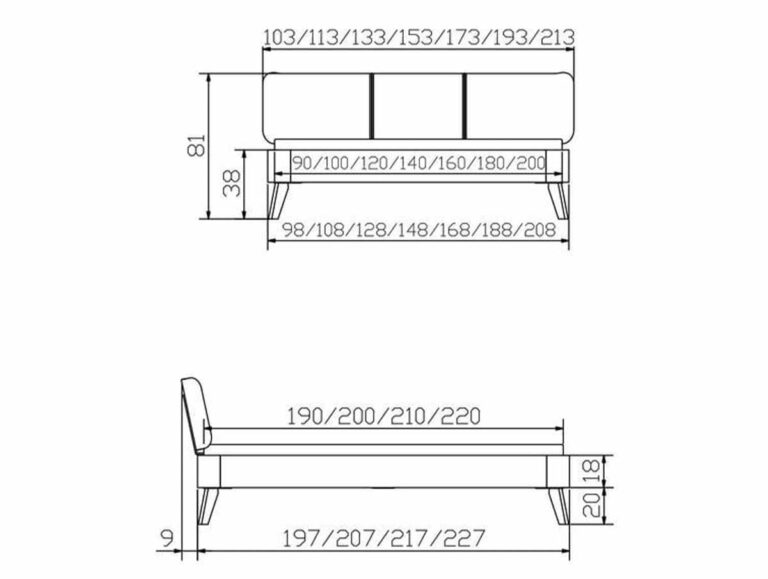 Technische Zeichnung in Schwarz-Weiß des Hasena Bett "Oak-Puro Modul Masito 1" Sofas, mit Vorder- und Seitenansicht, Höhe, Breite und Tiefe in Zentimetern, sowie mehrere Größenoptionen mit detaillierten Maßen.