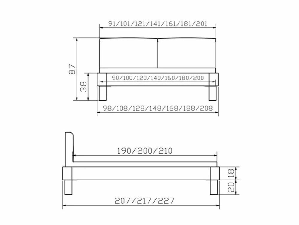 Technische Strichzeichnung des Hasena Bett "Oak-Line Modul Tonna" Bettrahmens mit Vorder- und Seitenansicht mit Breitenoptionen von 90-200 cm und Längen von 190-210 cm, einschließlich beschrifteter Maße in Zentimetern.