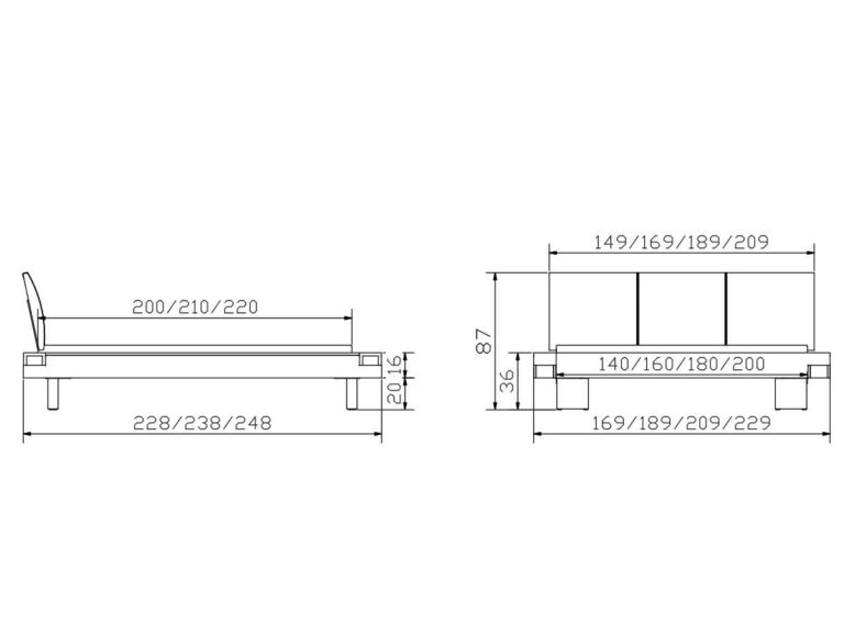 Technische Zeichnung des Hasena Bettes "Eiche-Vintage Bloc Quada" mit Seiten- und Vorderansicht, mit Angabe von Breite, Länge, Rahmenhöhe und Kopfteilhöhe in Zentimetern durch Pfeile.