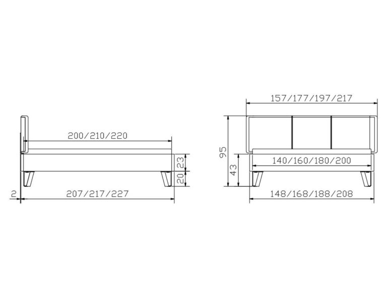 Technische Zeichnung eines Bettrahmens mit Seiten- und Vorderansicht, mit detaillierten Abmessungen in Zentimetern für Breite, Länge, Höhe und Platzierung der Beine. Mehrere Größenoptionen sind für verschiedene Abmessungen angegeben.
