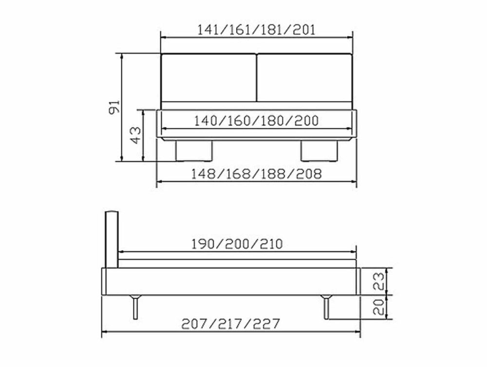 Technische Zeichnung des Hasena Bett Bettgestells "Eiche-Vintage Cadro 23 Vilo" mit Vorder- und Seitenansicht, mit vier Beinen und kommentierten Breiten- und Längenmaßen in Zentimetern für verschiedene Bettgrößen.