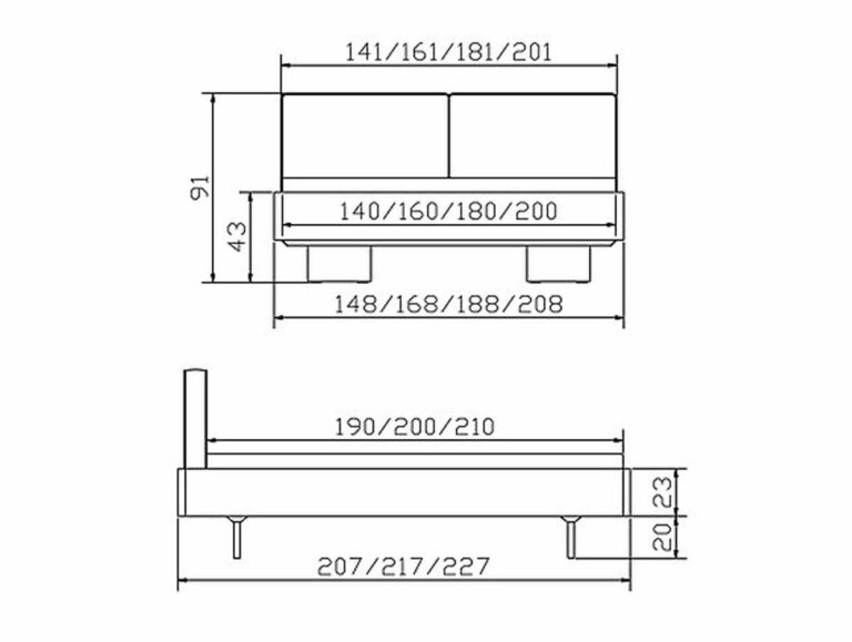 Technische Zeichnung des Hasena Bett Bettgestells "Eiche-Vintage Cadro 23 Vilo" mit Vorder- und Seitenansicht, mit vier Beinen und kommentierten Breiten- und Längenmaßen in Zentimetern für verschiedene Bettgrößen.