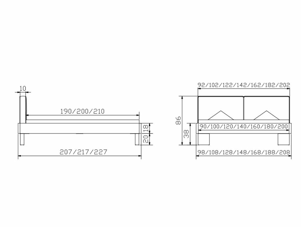Die technische Zeichnung des Hasena Bettes "Oak-Wild Cadro 18 Quada" zeigt die beschrifteten Maße in Zentimetern, einschließlich Höhe, Breite und Länge in Seiten- und Vorderansicht, sowie die verfügbaren Bettgrößenoptionen.