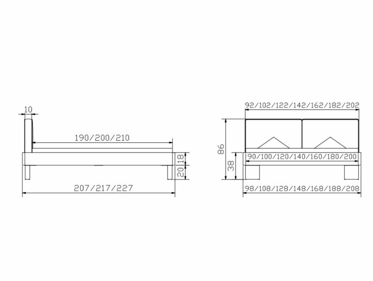 Die technische Zeichnung des Hasena Bettes "Oak-Wild Cadro 18 Quada" zeigt die beschrifteten Maße in Zentimetern, einschließlich Höhe, Breite und Länge in Seiten- und Vorderansicht, sowie die verfügbaren Bettgrößenoptionen.